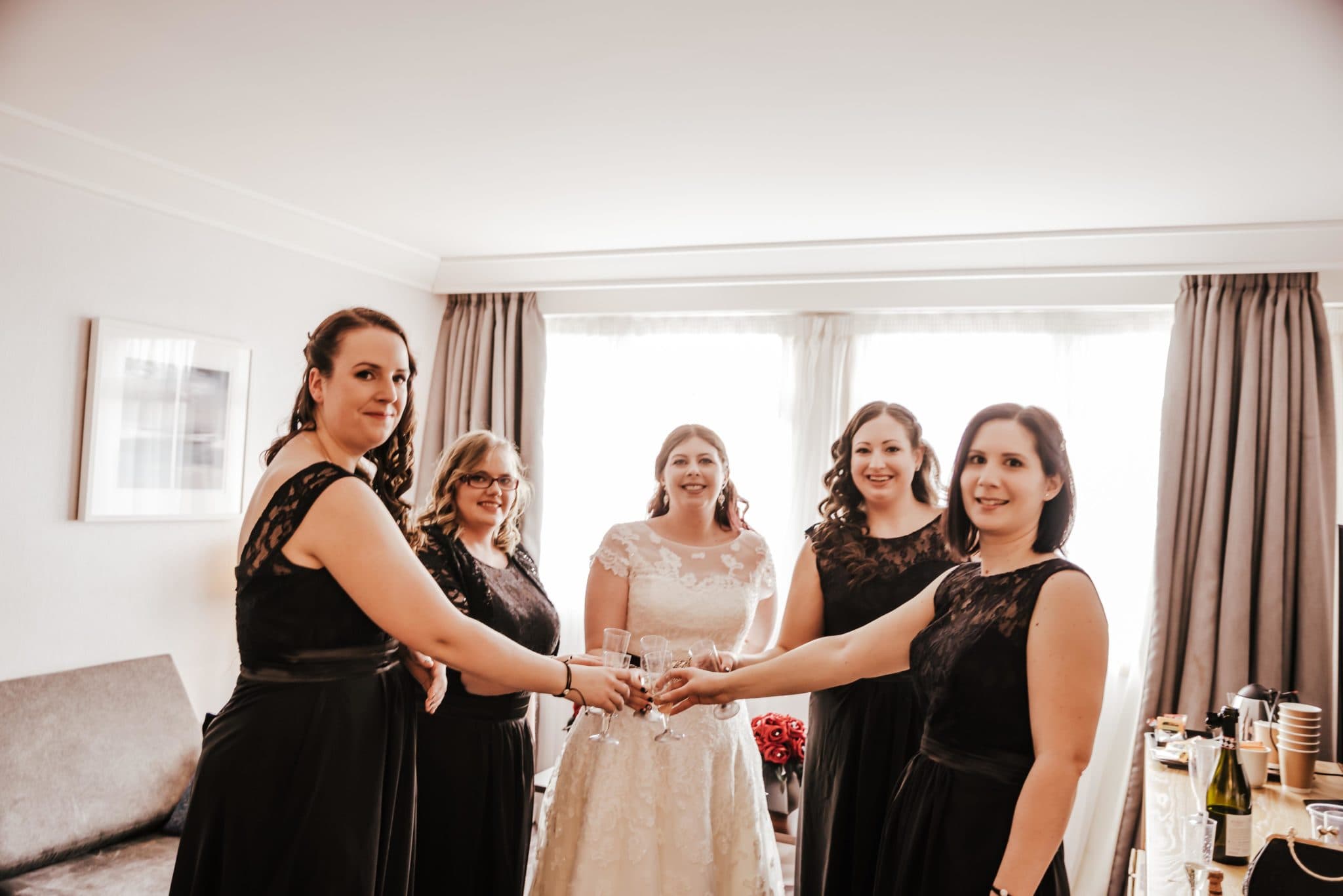 Wedding brides maids at the hotel, Hilton watford Celebratory drink
