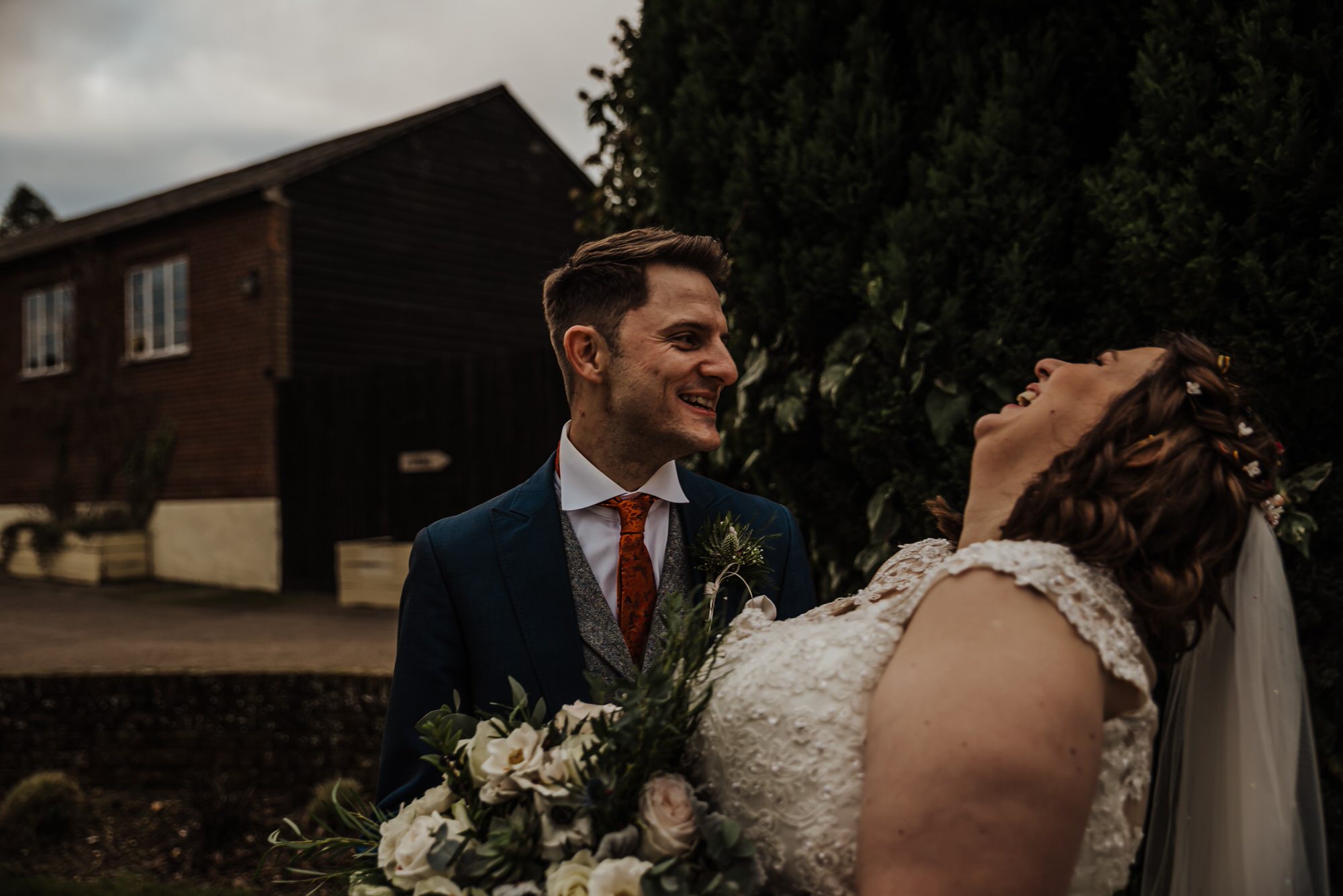 Groom and bride after the wedding ceremony Roshni photography The Milling Barn, Bluntswood Hall, Throcking wedding photographer