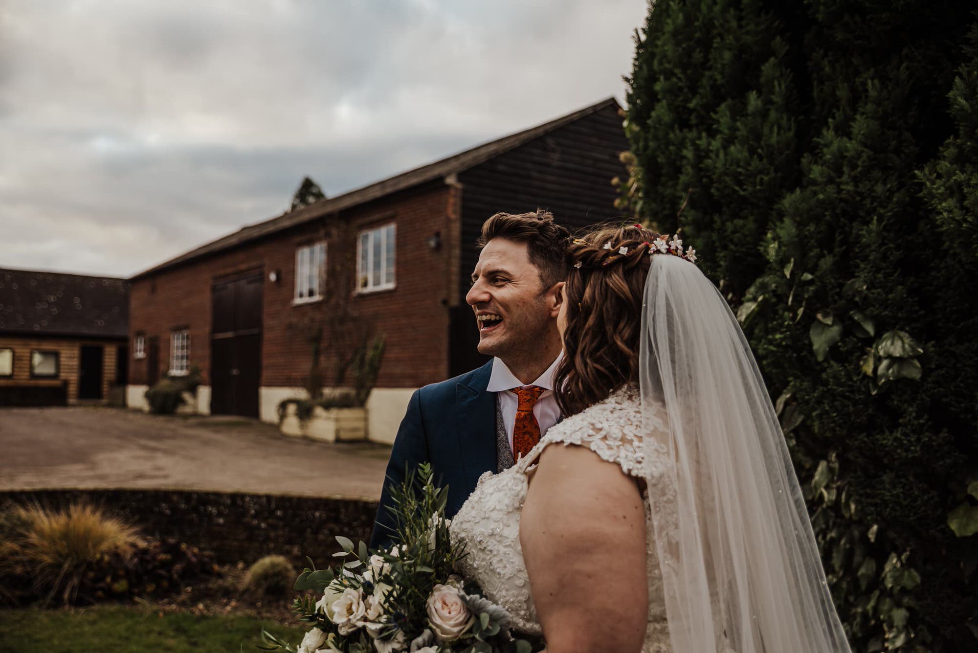 Groom and bride after the wedding ceremony Roshni photography The Milling Barn, Bluntswood Hall, Throcking wedding photographer