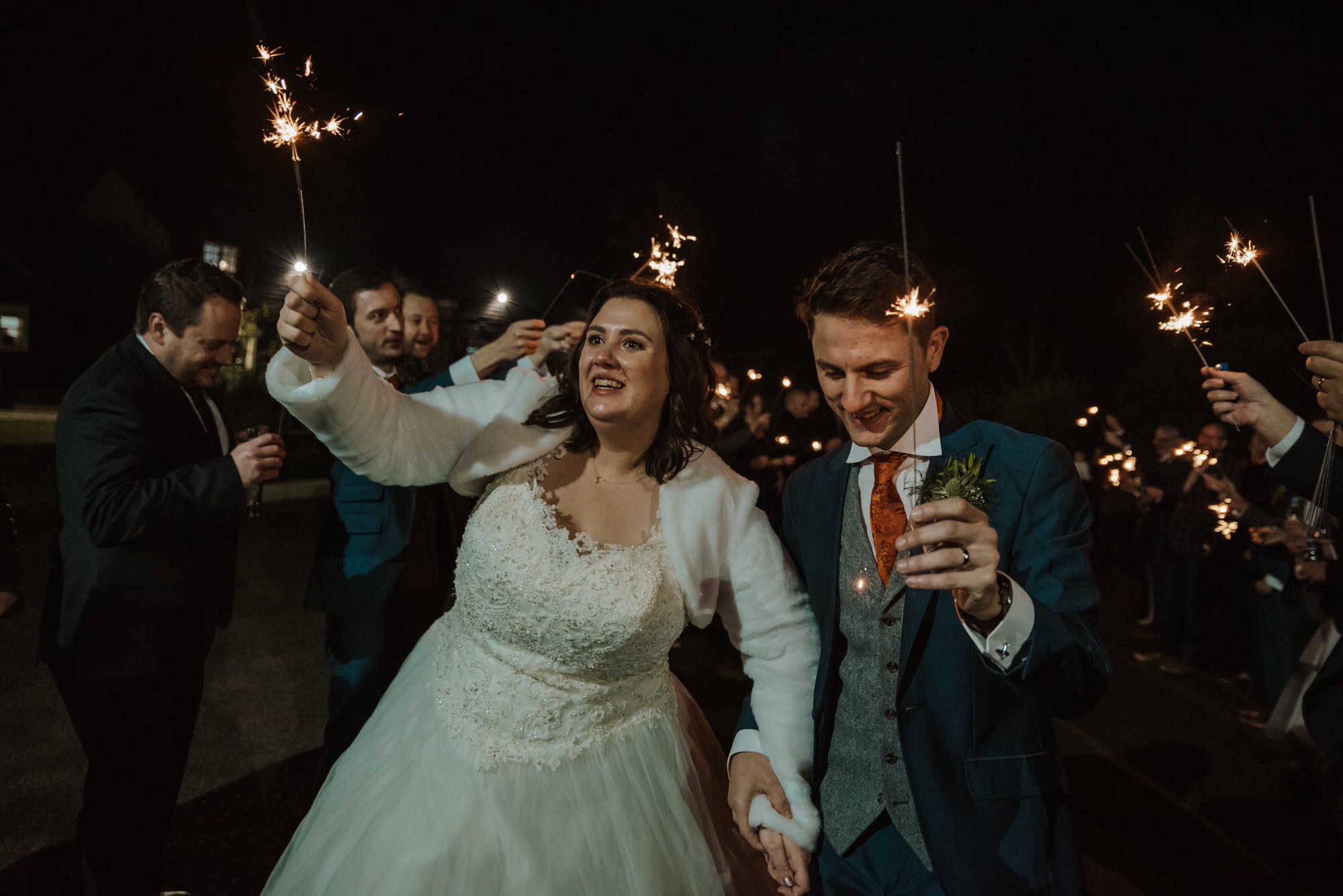 Sparklers exit for the bride ad groom at the reception Roshni photography The Milling Barn, Bluntswood Hall, Throcking wedding photographer